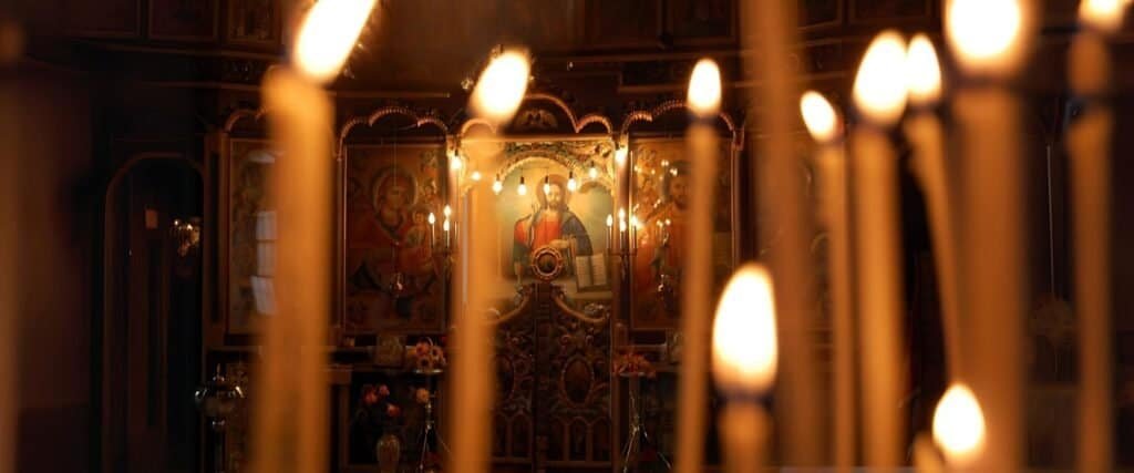 Candlelight Before the Icon of Christ in Orthodox Church